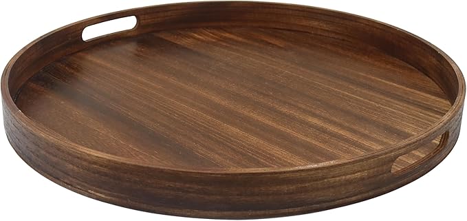Round Decorative Tray, Extra Large Wooden Serving Tray with Handles, 11.8in Vintage Brown Decorative Trays for Coffee Table,Kitchen Counter,bandejas decorativas