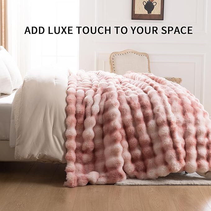 Cozy Faux Fur Throw Blanket for Couch-Warm Fuzzy Throw Blanket, Soft Plush Thick Bubble Blankets for Bedroom and Living Room, Furry Luxury Blanket, 90 x 108, Tie-Dye Pink
