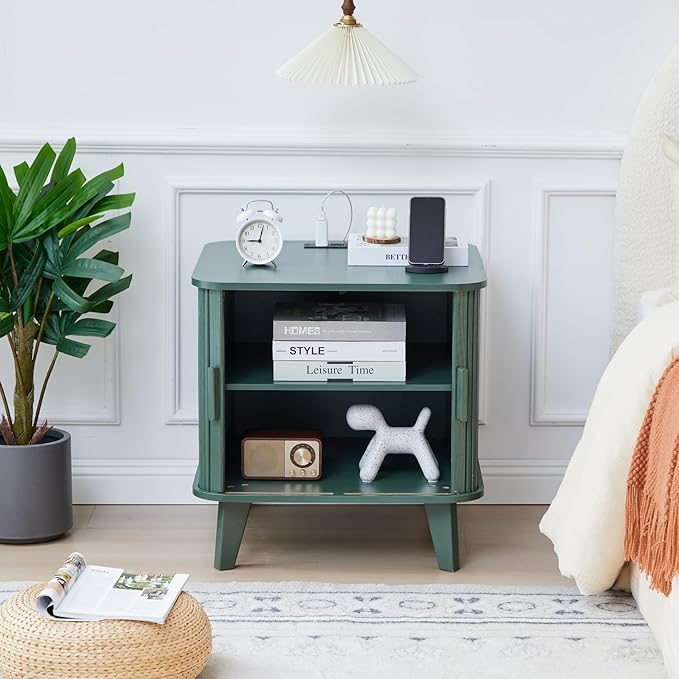 AVZEAR 24" Large Fluted End Table with Charging Station, Farmhouse Sofa Side Table with Sliding Tambour Door & Storage, Curved Rustic Wood Nightstand for Living Room, Bedroom, Green