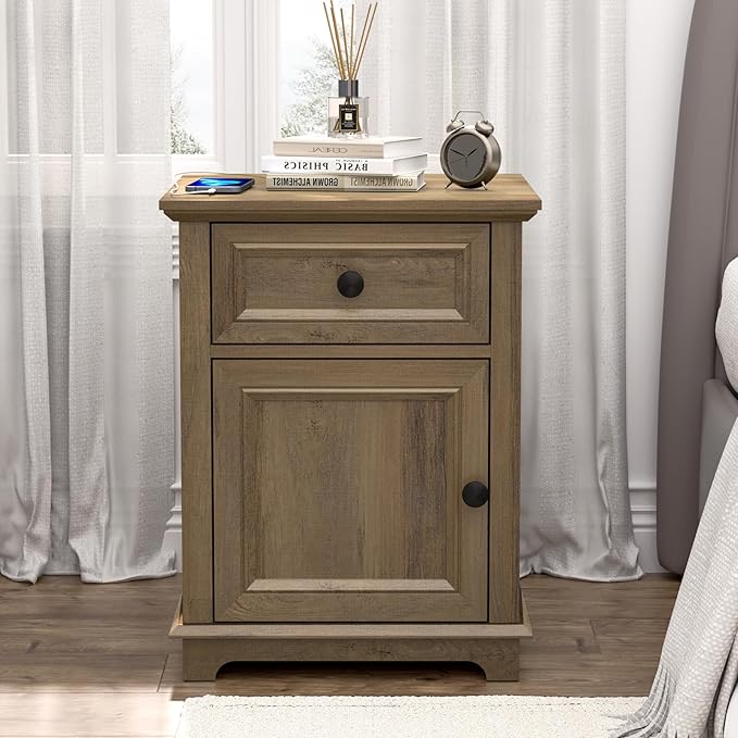 End Tables with Charging Station Set of 2, Side Tables with Drawer and Adjustable Shelf, Night Stand Set of 2, Wooden Side Table for Living Room/Bedroom/Office, Light Brown