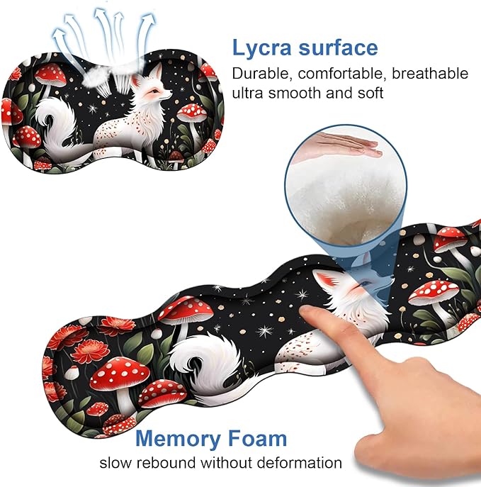 4 in 1 Ergonomic Memory Foam Mouse Pad Wrist Rest Set, Large XXL Gaming Desk Pad + Keyboard Wrist Rest + Mouse Wrist Cushion + Coaster for Home Office Study Gaming, White Fox Mushroom