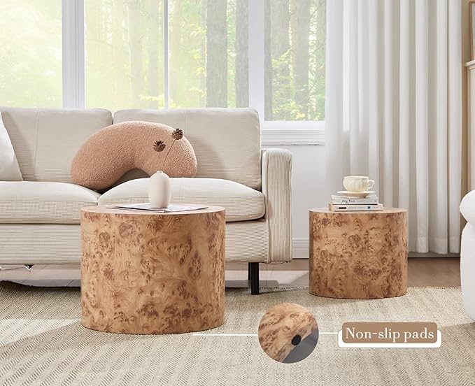 CIMOTA Round Wood Nesting Coffee Table Set of 2, Modern Circle Travertine End Side Table Sets for Living Room, Natural Burl Color/No Assembling