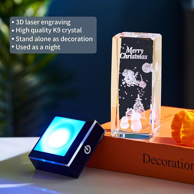 3D Crystal Night Light, K9 Crystal LED Lamp with Light Base, Merry Christmas Gifts for Kids, Women, Teens, Boys, Girls, Anniversary, Birthday, Holiday Room Decor