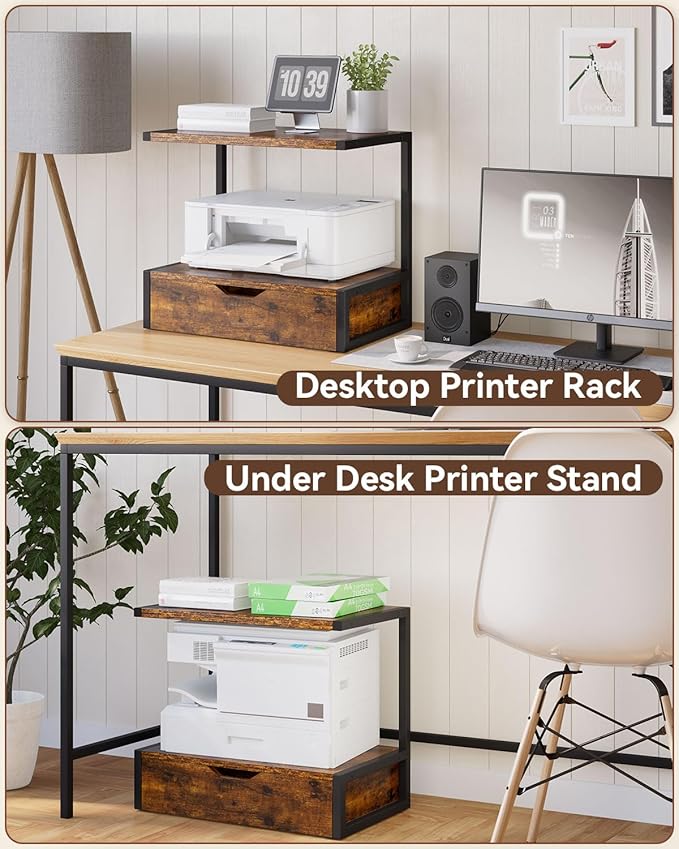 IBUYKE 2 Tier Desktop Printer Stand,Printer Table with Storage Shelf,Multi-Purpose Desk Organizer for Folders,Books,for Fax Machine, Scanner,Home Office,Brown TLJ015H