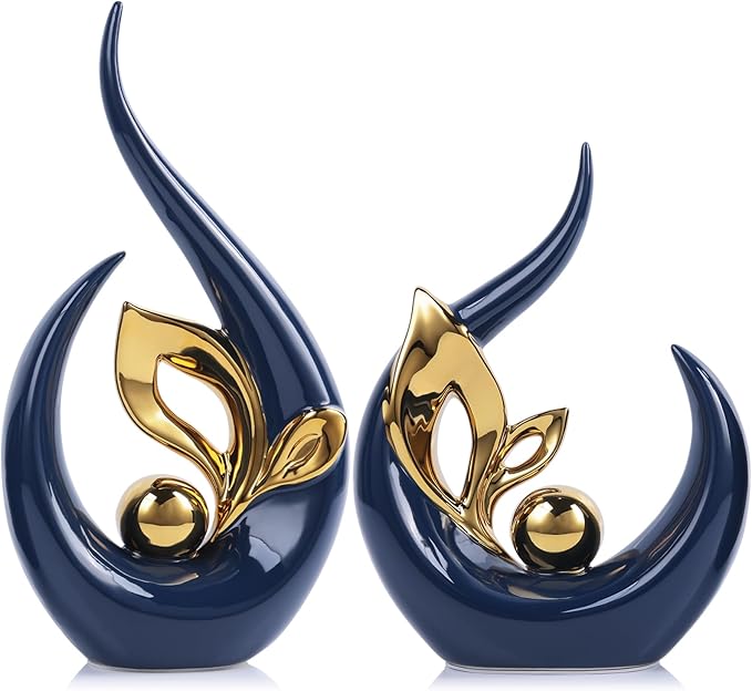 9.4" H Blue Gold Abstract Sculptures Home Decor, Ceramic Art Statue Cool Stuff to Put on Shelves&tv Stand Decor, Gold Accent Entertainment Center, for Fireplace Coffee Table Dining Table Decorate