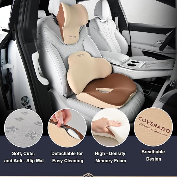 Coverado Car Seat Cushion and Lumbar Support with Headrest Pillow Memory Foam Ergonomic Back Support Driving Seat Cushion Neck Head Pillow, Back Pain Relief, Cushion for Car Driver Office