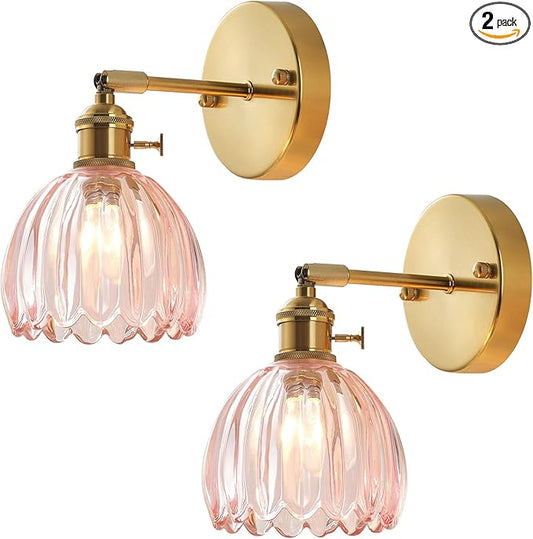 Plug in and Hardwired Wall Sconces, Luxury Vintage Tulip Crystal Glass Shade Wall Light with Switch for Bedside Bedroom Living Room (Tulip-Pink, 2)