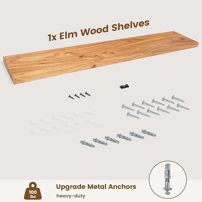 Rustic Elm Wood Floating Shelf for Wall, Flat Edge 55"W x 9.2"D x 1.4"H, 1 Pack with Invisible Bracket, Large Wall Mounted Storage Shelf for Living Room Bedroom Kitchen Bathroom Decor, Natural Finish