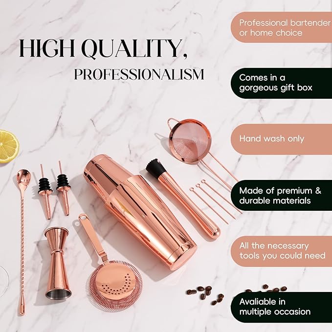 Boston Shaker Set Rose Gold, Stainless Steel Cocktail Shaker Set, 12 Pcs Bartender Kit Includes 18oz & 28oz Shaker Tins, Cocktail Strainer Set, Japanese Jigger and Bar Accessories