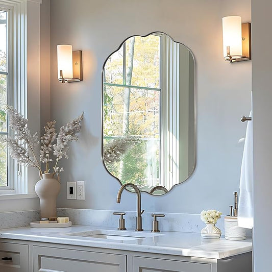 ANDY STAR Scalloped Bathroom Mirror, 24x36 Inch Brushed Nickel Vanity Mirror in Stainless Steel Metal Frame, Unique Oval Mirror with Modern Curved Edge Design, Ideal for Bathroom, Bedroom, Entryway