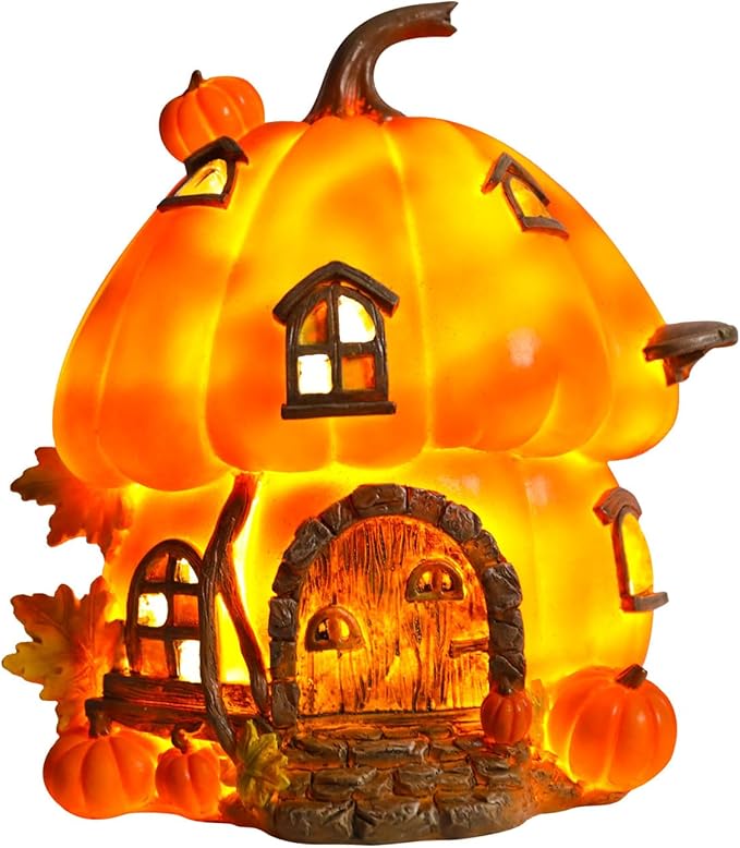 Yinns Fall Decorations for Home Porch, Pumpkin Fairy House Fall Decor, Autumn Harvest Decor with LED Light, Thanksgiving Gift