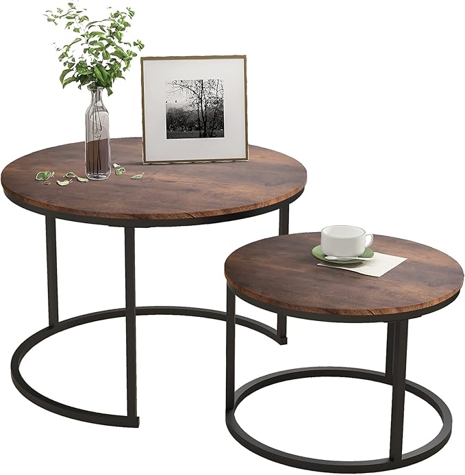 HOJINLINERO Industrial Round Coffee Table Set of 2 End Table for Living Room,Stacking Side Tables, Sturdy and Easy Assembly,Wood Look Accent Furniture with Metal Frame,Black+Rustic Brown