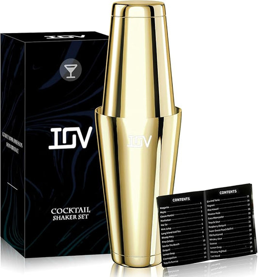 IOV Boston Cocktail Shaker Set, 18oz & 28oz Stainless Steel Weighted Shaker Tins, Metal Martini Drink Mixer for Bartending, Professional Bar Tools with Cocktail Recipe Guide, Gold