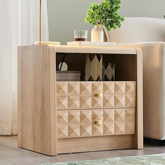 Modern Nightstand with Charging Station, Wood End Table w/2 Storage Drawers and Open Shelf, Mid Century Modern Bedside w/Diamond Panel Decorate for Bedroom, Curved Profile Design, Natural Oak