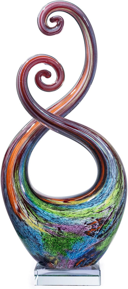 14″ Hand Blown Glass Art Sculpture with Fluid Design and Clear Square Base - Weatherproof Indoor & Outdoor Use Decor - Abstract Glass Art Piece