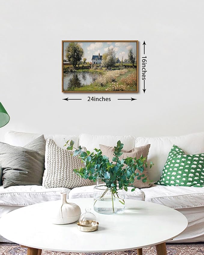 KISSFOX Vintage Landscape Framed Wall Art Impressionist Countryside River House Canvas Art Natural Cottagecore Paintings Artwork Rustic Art Prints For Bedroom Bathroom Living Room