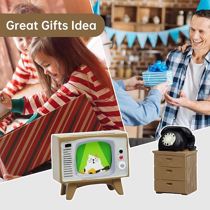Cute Mini TV and Telephone Cabinet Figurine for Living Room,Shelf Decor Cute Design Perfect Cute Cat Gift for Cat Lovers