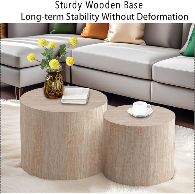 Modern Round Wooden Nesting Circle Coffee Table Set of 2 with Non-Slip Feet, Accent Side End Table, Saving Space Design and No Need Assembly,B