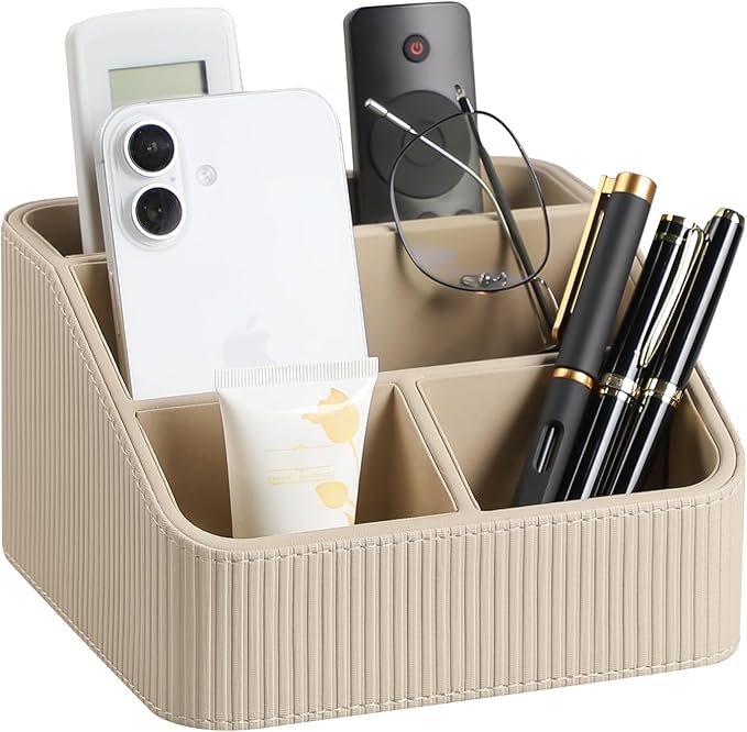 Remote Control Holder with 4 Compartments, PU Leather Small Nightstand Organizer for Home Desk Accessories Office Supplies, Multifunctional Stylish Small Bedside Desktop Organizers (Beige)