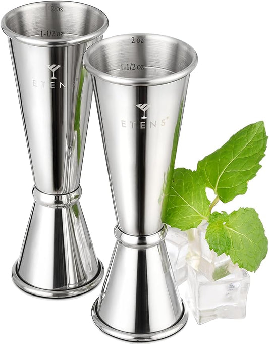 Japanese Jigger Set for Bartending 2 Pack - 1 oz 2 oz Cocktail Graduated Jigger | Easy Read Measurements Inside Shot Measure | Liquor Measuring Cup & Alcohol Measuring Tools| Metal Bar Jigger