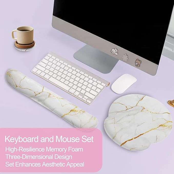 White Gold Flowing Marble Mouse Pad with Wrist Rest and Keyboard Wrist Rest Set, Non-Slip Rubber Base Memory Foam Mouse Pad Set for Women, Office Desk Accessories, Gaming