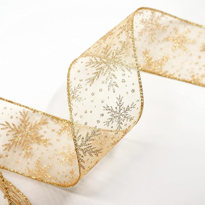 CT CRAFT LLC Organza with Gold Glitter Snowflakes Wired Ribbon 2.5 inch x 50 Yards for Christmas Home Decor Tree Topper Bow Gift Wrapping DIY Crafts Wreath Garland Wedding
