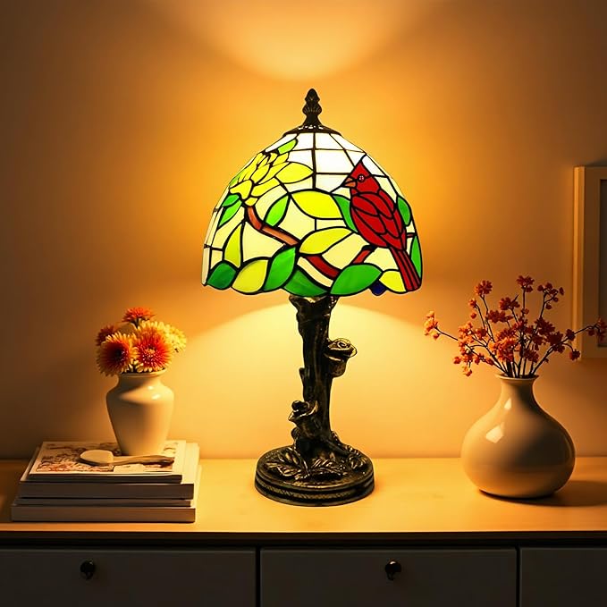Tiffany Style Table Lamp Cardinal Stained Glass Lamp,8" Tiffany Lamp for Living Room Home,Bedroom Bedside Vintage Lamp for Office Dorm Bar Decor Gift,Included LED Bulb