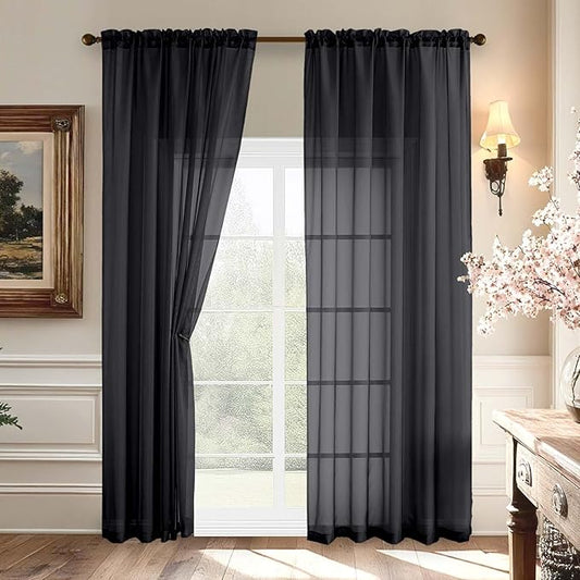Aiyufeng 2 Pack: Basic Black Sheer Curtain Drapes for Living Room 84 Inch Length 2 Panels, Light Filtering Voile Drapes for Bedroom, Patio, Sliding Door, Each 59" W x 84" L, Black