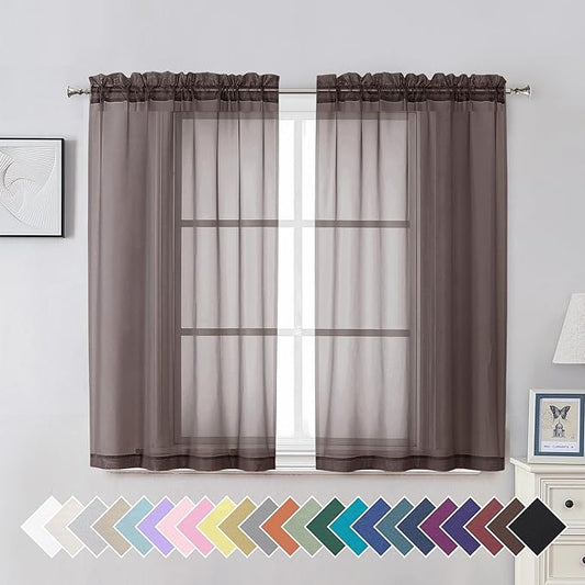 Aiyufeng Chocolate Sheer Curtains 45 Inches Long 2 Panels, Solid Voile Top Dual Rod Pockets Stylish Breathable Drapes Window Treatment for Kid's Room/Bedroom/Living Room, 42W x 45L, Chocolate Brown