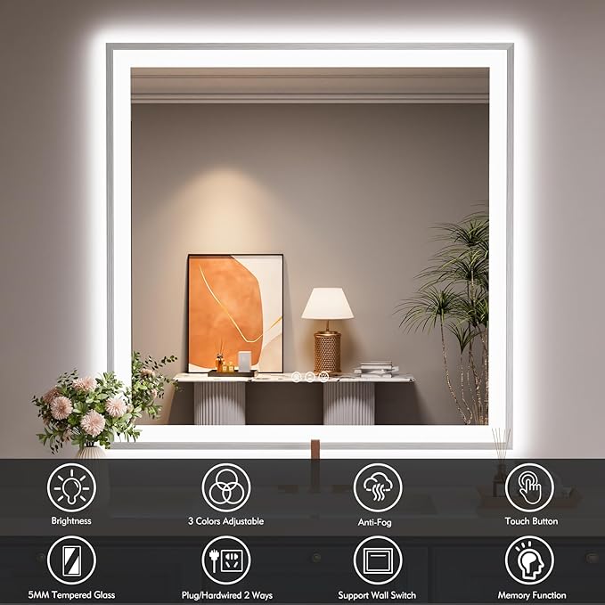 36x36 Silver LED Bathroom Mirror, Brushed Nickel Lighted Mirror for Wall, Stepless Dimmable Led Vanity Mirror with Front-lit and Backlit, Tempered Glass, Anti-Fog, Memory