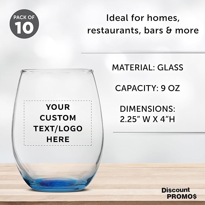 Custom Stemless Wine Glass 9 oz. Set of 10, Personalized Bulk Pack - Great for Wedding Favors, Bachelorette Party Decorations, Party Favors, Color Bottom - Blue