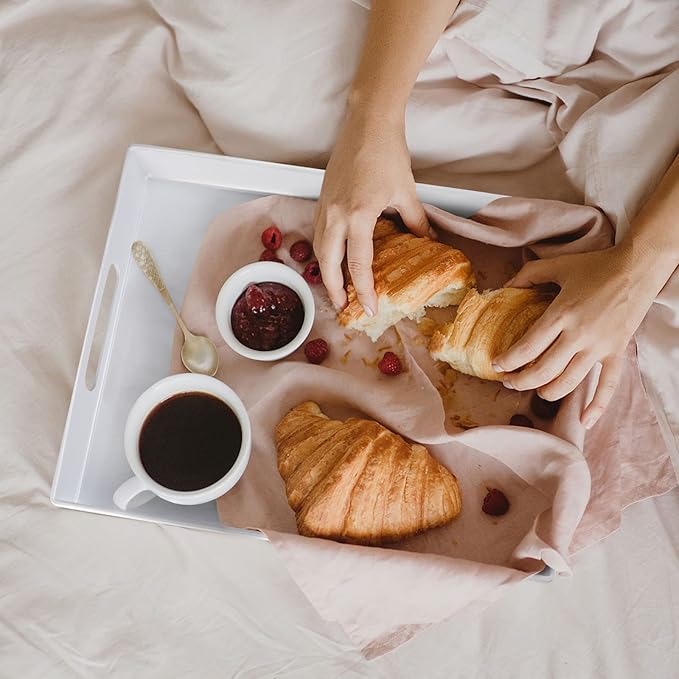 Serving Tray with Handles-10x15Inch White Melamine Modern Serving Platters,Serving Wine,Coffee,Breakfast/Kitchen Countertop Tray/Makeup Drawer Organizer/Vanity Table Tray/Decorative Tray