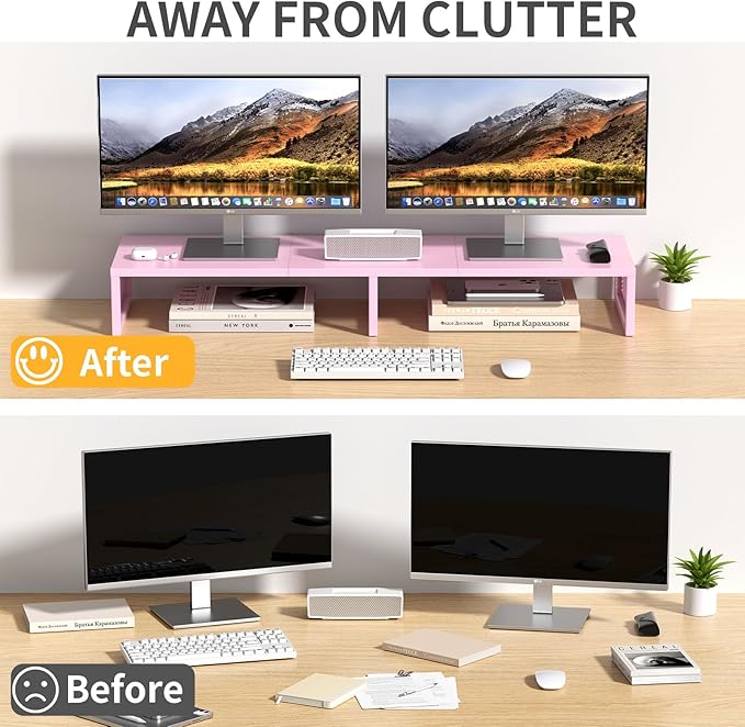 Dual Computer Monitor Stand Riser, Desk Organizers and Accessories, Printer & TV Stand, Desk Shelf, Office Desk Accessories & Desktop Workspace Organizer for Office Supplies, Pink
