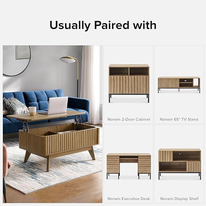 mopio Brooklyn Lift Top Coffee Table for Living Room, Mid Century, Modern Farmhouse with Lifting Tabletop & Hidden Storage, Fluted Panel, Rising Pull Up Dining Table (Walnut)