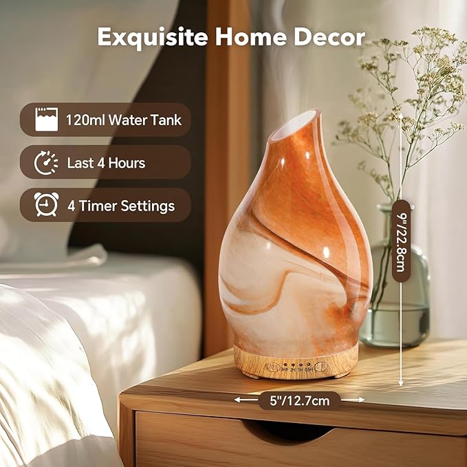 Essential Oil Diffuser, 120 ml Glass Aromatherapy Diffuser with 7 Color Lights, Auto Shut-Off and 4 Timer Settings, Ultrasonic Cool Mist Diffuser for Home Room Office (Dessert)