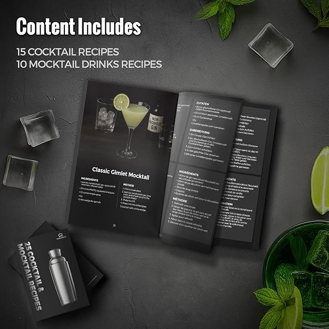 YARRAMATE 8Pcs 24oz Hybrid Vacuum Insulated Cocktail Shaker Set with Strainer, Premium Double Wall Stainless Steel Martini Shaker for Home Bar Bartending with Leakproof Seal, 25 Recipes | Gift Set