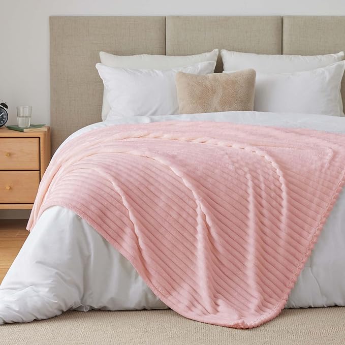 BEDELITE Fleece Throw Blanket for Couch - 300GSM Soft & Warm Fluffy Pink Blanket, Decorative and Giftable Striped Blankets for Women, Men, 50"x60"