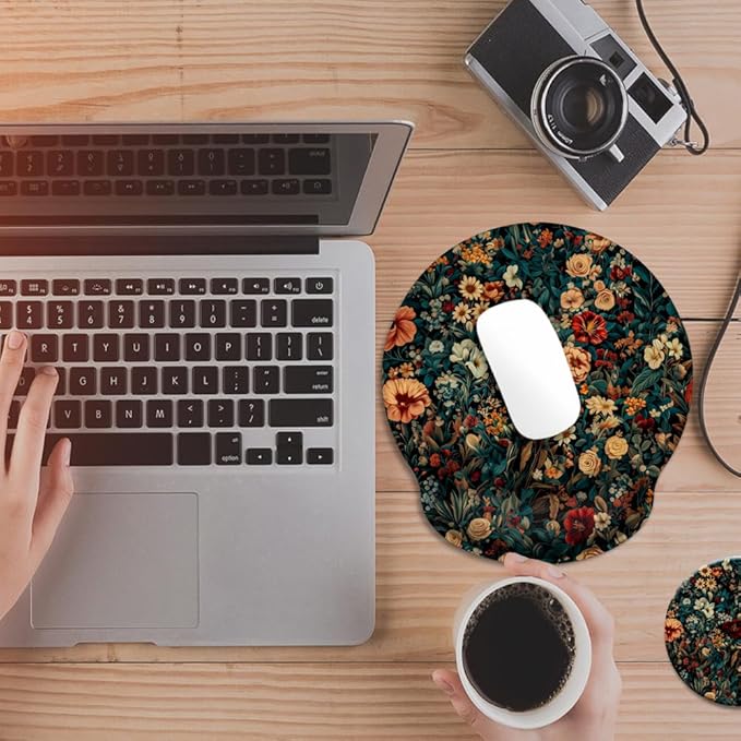Ergonomic Mouse Pad with Memory Foam Wrist Rest Support Design,Relieve Wrist Pain Mousepad,Non-Slip Base for Laptop,Computer,Office Desk Accessories,Carpal Tunnel,Retro Floral