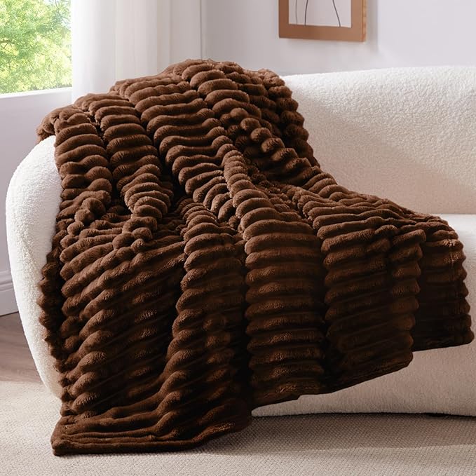 BEDELITE Twin Blanket for Couch & Bed, 300GSM Soft & Warm Fleece Blanket, Decorative and Giftable Striped Chotolate Brown Blankets for Women, Men, 60"x80"