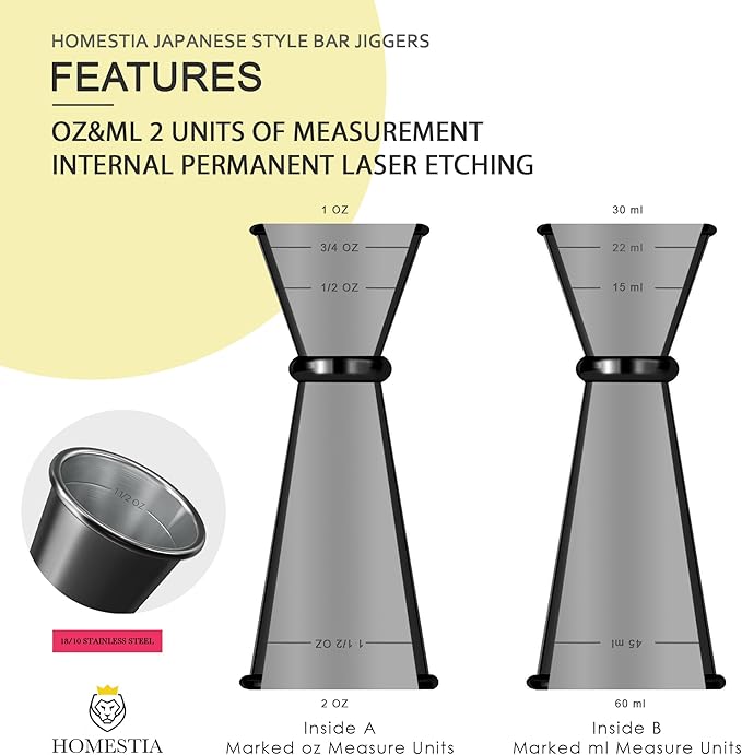 Homestia Japanese Jigger - Cocktail Measuring Double Jiggers for Bartending, Copper Jigger with Measurements Inside - Stainless Steel Bar Tools For Bartenders, 2 oz 1 oz with 1 Pourer (Black)