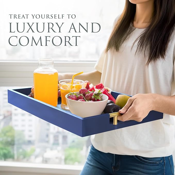 Wood Serving Tray with Gold Polished Metal Handles, Home Decorative Wooden Rectangle Ottoman Decor Platter Bathroom Vanity Tray for All Occasions Gloss Finish, 16"x12", Navy Blue