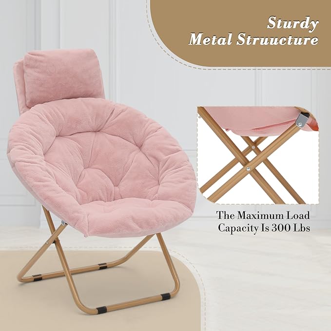 Athena Collection Comfy Saucer Chair with Headrest Oversize Round Cozy Chair Folding Chair Faux Fur Metal Frame Foldable Reading Chair Accent Chair for Bedroom Living Room Set of 2, Pink