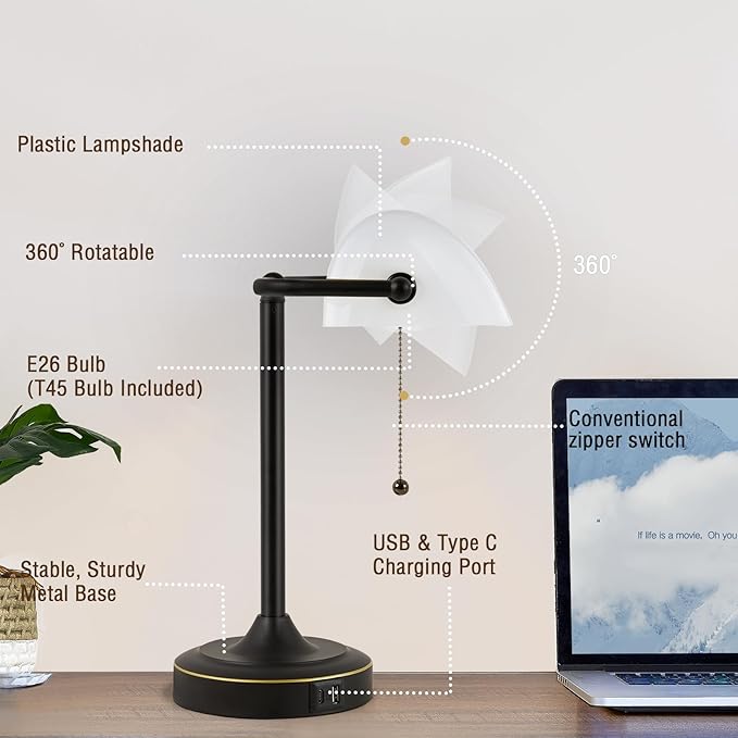 Vintage Desk Lamp Bankers Lamp - Black Retro Table Lamp with USB & Type C Charging Ports Traditional Pull Chain Switch Library Lamp for Home Office Nightstand Bedroom Side Table Lamp(Bulb Included)
