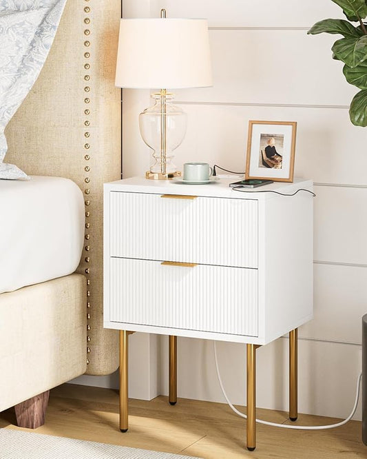 Masupu Nightstand with Charging Station,Mid-Century Modern Bedside Table with 2 Storage Drawer,Small Gold Frame Side End Table for Bedroom,Living Room (White)