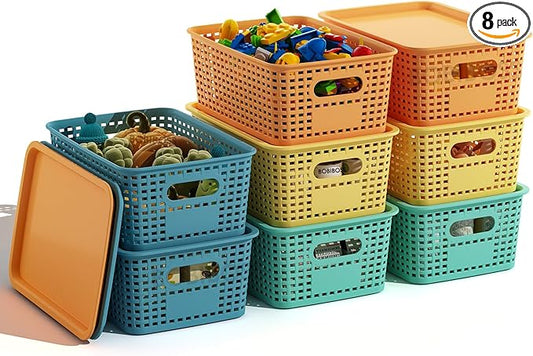 Colorful Plastic Storage Baskets with Lids 8 Pack Stackable Storage Bins Containers for Shelves Organizing, Colored Cute Decorative Storage Boxes for Classroom, Playroom, Closet, Pantry