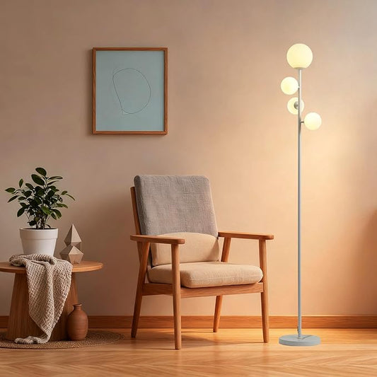 Fiqevs 4 Globe Floor Lamp for Living Room, Modern Standing Lamp with Frosted Sphere Glass Shade, 3000K Warm Light LED Bulbs Included, Tall Tree Lamp for Bedroom, Home & Office - White