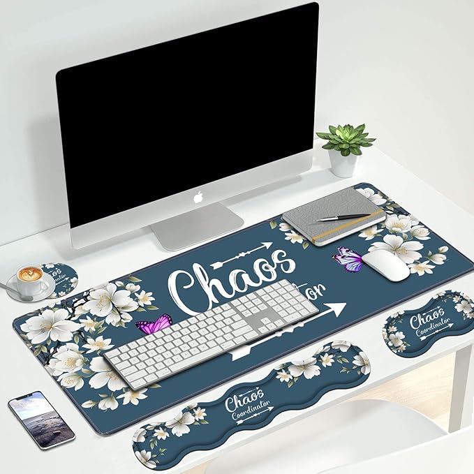 4 in 1 Ergonomic Keyboard Wrist Rest & Mouse Pad Wrist Rest Set, Large XXL Gaming Desk Mat 31.5"x 11.8" with Non-Slip Base, Memory Foam for Home Office Study Gaming, Floral Quote Chaos Coordinator