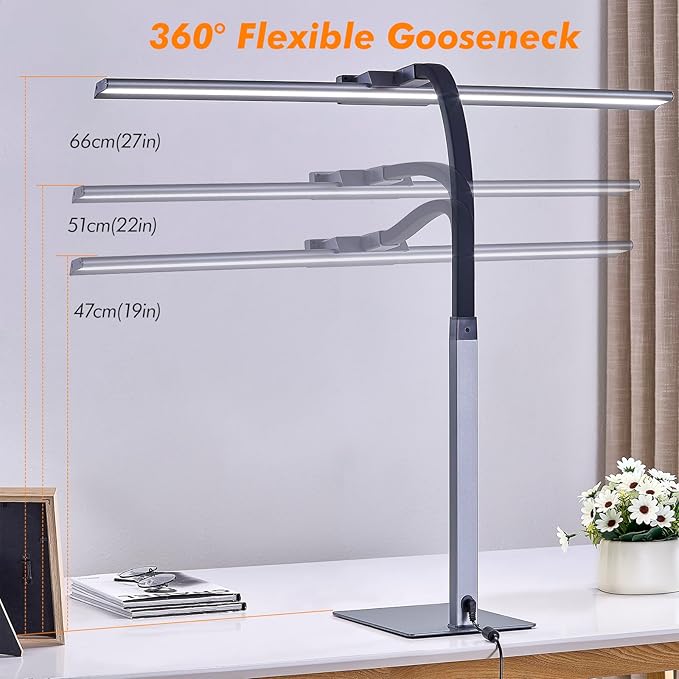 G Keni 3400LM Ultra Bright LED Desk Lamp with Clock for Home Office, 31.5″W x 27″H, 25W Auto-Fill Brightness Desk Light with Timer, Touch Gooseneck Architect Lights for Work Study Read (Base)