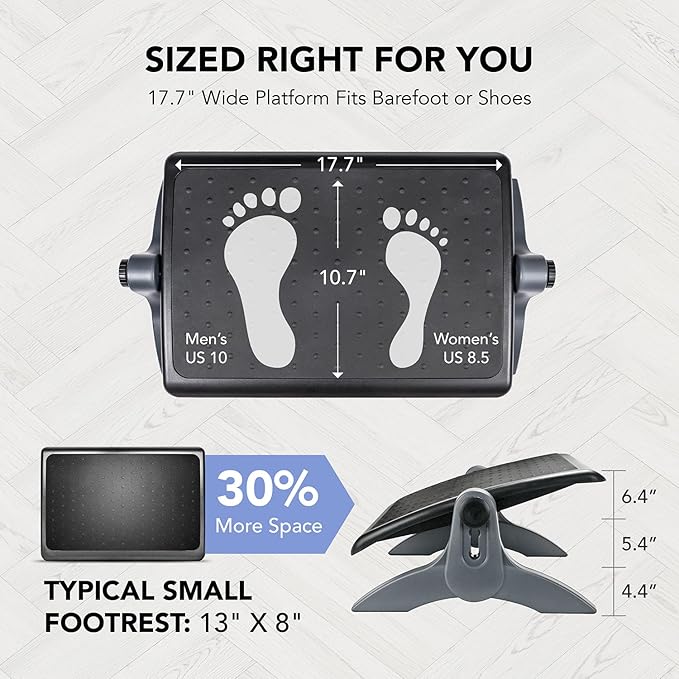 EHO Ottoman, Ergonomic Foot Rest for Under Desk, Adjustable Height and Angle, Rubber Platform, Anti-Slip, Ankle Support, Detachable Washable Cushion, Back and Leg Pain Relief, 21.6"L x 11.4"W, Black