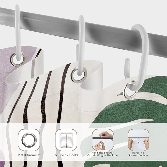 Glawry Boho Purple Shower Curtain Abstract Plant Tropical Palm Leaf Modern Minimalist Arch Geometric Bathroom Modern Mid Century 60Wx72L Inches Bath Accessories Art Home Decor Fabric 12 Pack Hook